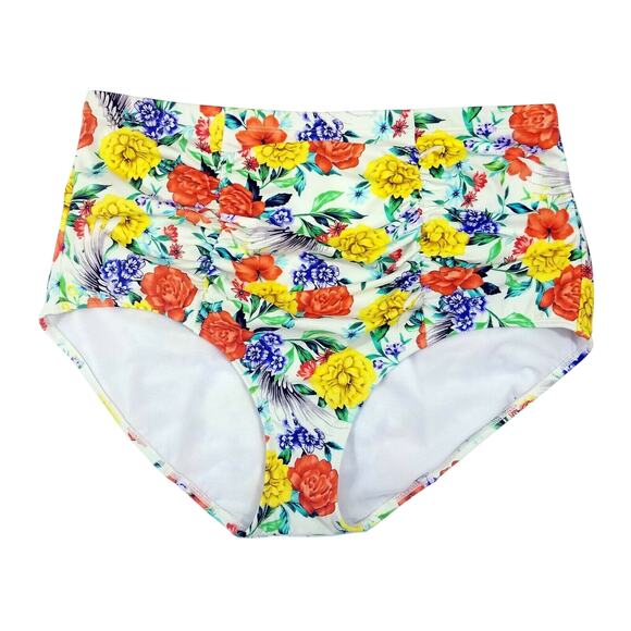 TORRID HIGH WAIST SWIMSUIT BOTTOM WHITE FLORAL RUCHED SWIM SZ 1 1X BIKINI - Picture 3 of 6